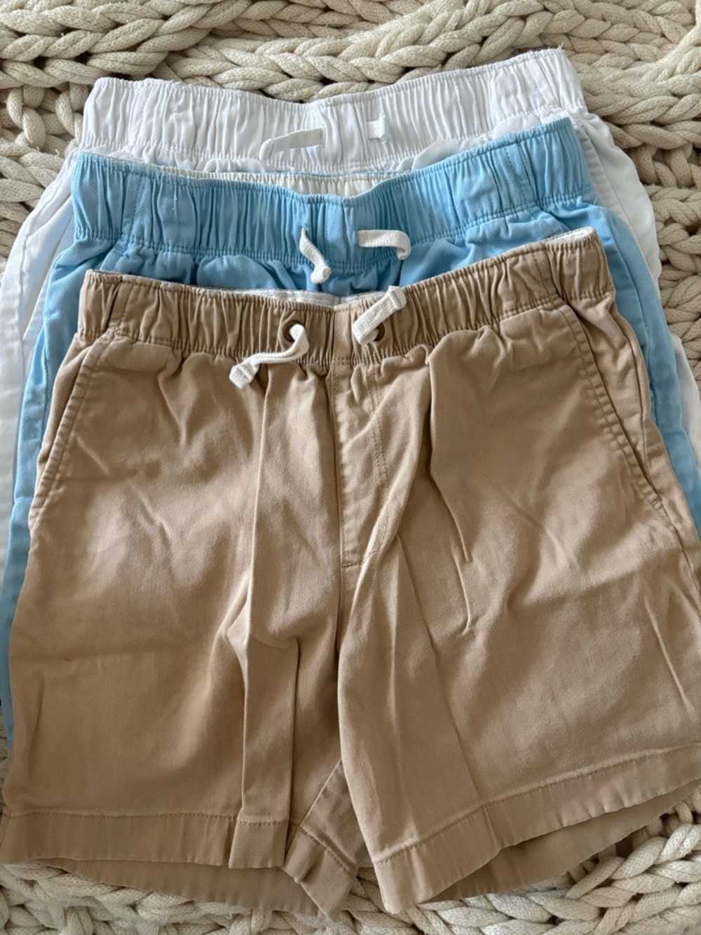 Crewcuts Boys 3-Pack Elastic-Waist Shorts in Tan, Light Blue & White